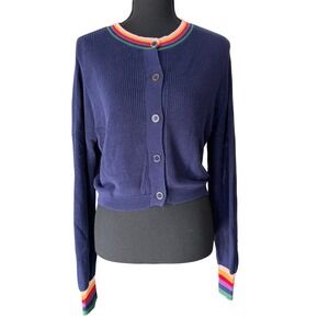 ModCloth Rainbow Trim Button Down Cardigan Sweater Womens S Navy Blue Retro